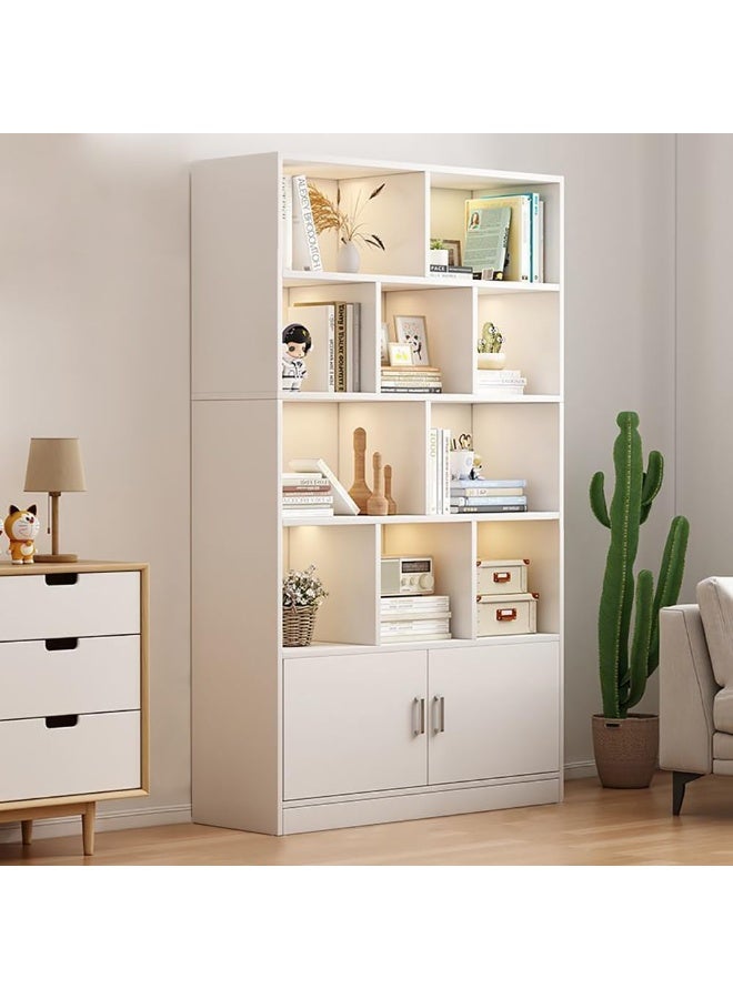 جولدن رف كتب بارتفاع 178 سم مع مساحة تخزين، خزانة كتب خشبية متعددة الأغراض، أرفف عرض كبيرة مع مساحة تخزين للكتب، رف عصري متعدد الطبقات من الأرض إلى السقف (أبيض) - Image 1