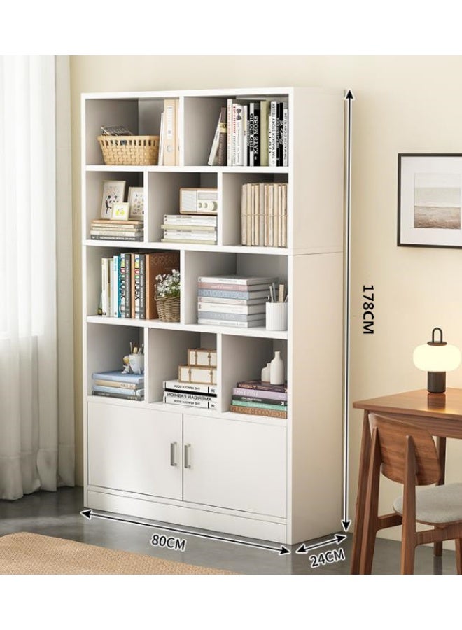 جولدن رف كتب بارتفاع 178 سم مع مساحة تخزين، خزانة كتب خشبية متعددة الأغراض، أرفف عرض كبيرة مع مساحة تخزين للكتب، رف عصري متعدد الطبقات من الأرض إلى السقف (أبيض) - Image 2