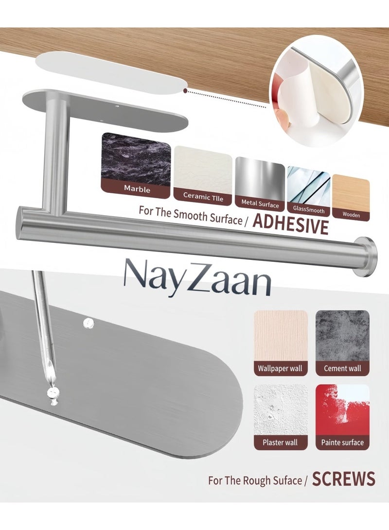 نايزان حامل مناديل ورقية لاصق تحت الخزانة، حامل لفافة مناديل ورقية مثبت على الحائط للمطبخ، فولاذ مقاوم للصدأ (فضي) - Image 4