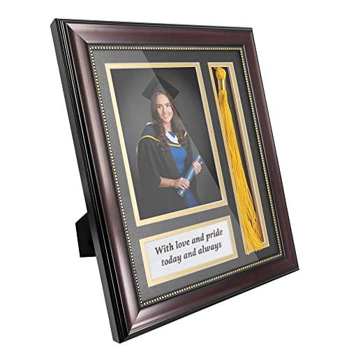 GraduationMall Graduation Photo Shadow Box Frame with Tassel Holder for 5x7 Pictures,Real Glass,Black over Gold Double Mat,Wall & Tabletop Design - Image 2