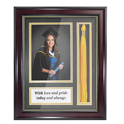 GraduationMall Graduation Photo Shadow Box Frame with Tassel Holder for 5x7 Pictures,Real Glass,Black over Gold Double Mat,Wall & Tabletop Design - Image 1
