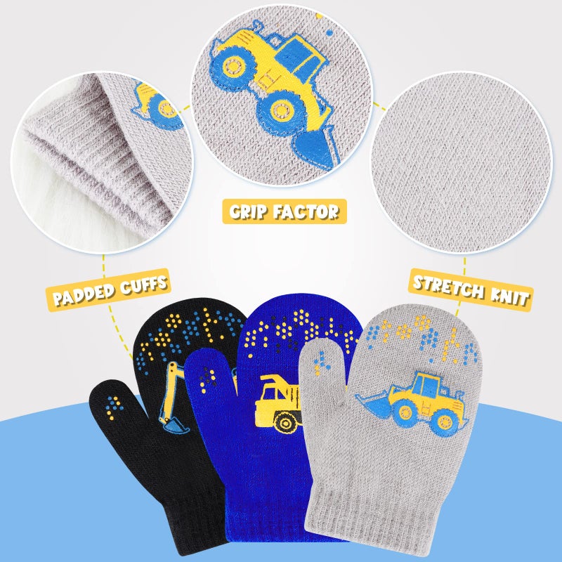 WAWSAM 3 Pairs Kids Knitted Mittens Toddler Winter Gloves Boys Full Finger Warm Mittens (3 Pairs-Truck) - Image 3