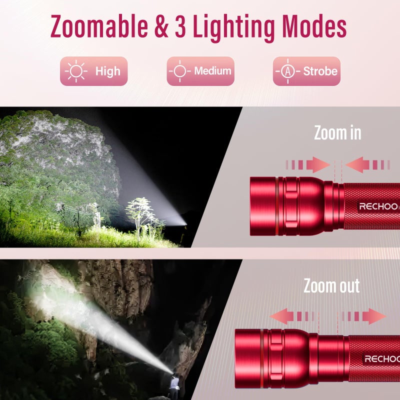 RECHOO Rechargeable Flashlights High Lumens, G1000 Super Bright Flash Light, Small Zoomable LED Flashlight with 3 Lighting Modes, Portable Tactical Flashlight, Gift for Women(Battery Included)-Red - Image 2
