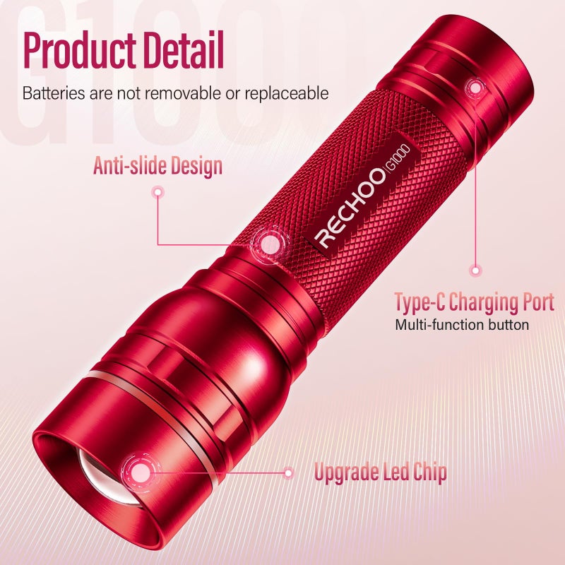 RECHOO Rechargeable Flashlights High Lumens, G1000 Super Bright Flash Light, Small Zoomable LED Flashlight with 3 Lighting Modes, Portable Tactical Flashlight, Gift for Women(Battery Included)-Red - Image 4