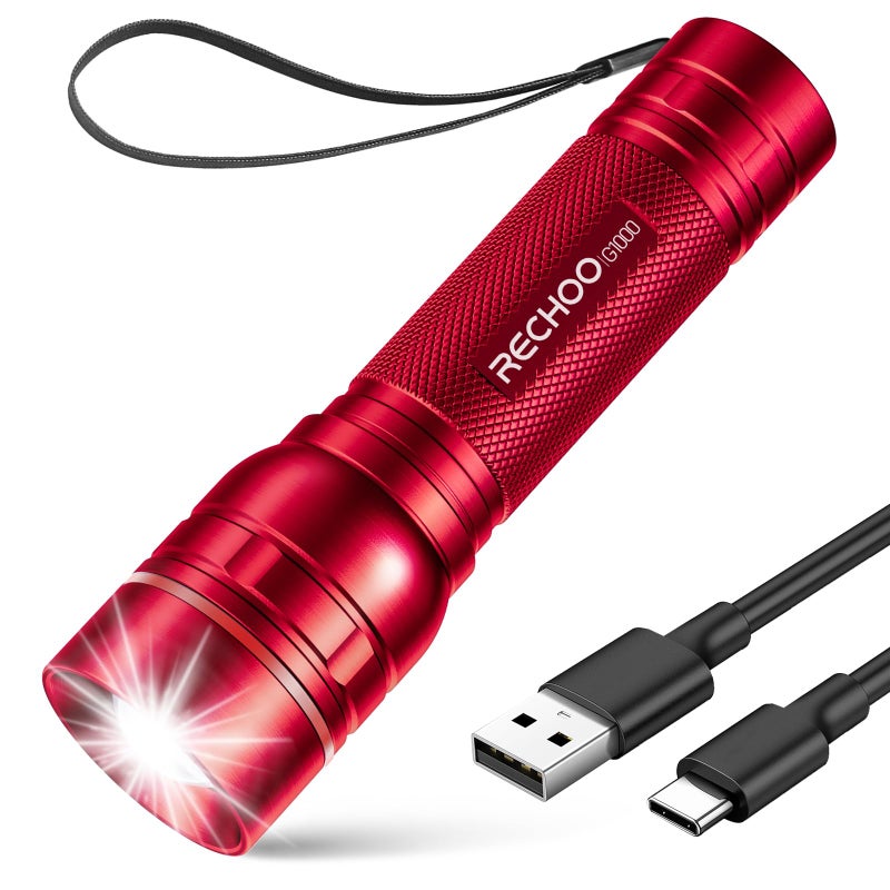 RECHOO Rechargeable Flashlights High Lumens, G1000 Super Bright Flash Light, Small Zoomable LED Flashlight with 3 Lighting Modes, Portable Tactical Flashlight, Gift for Women(Battery Included)-Red - Image 1