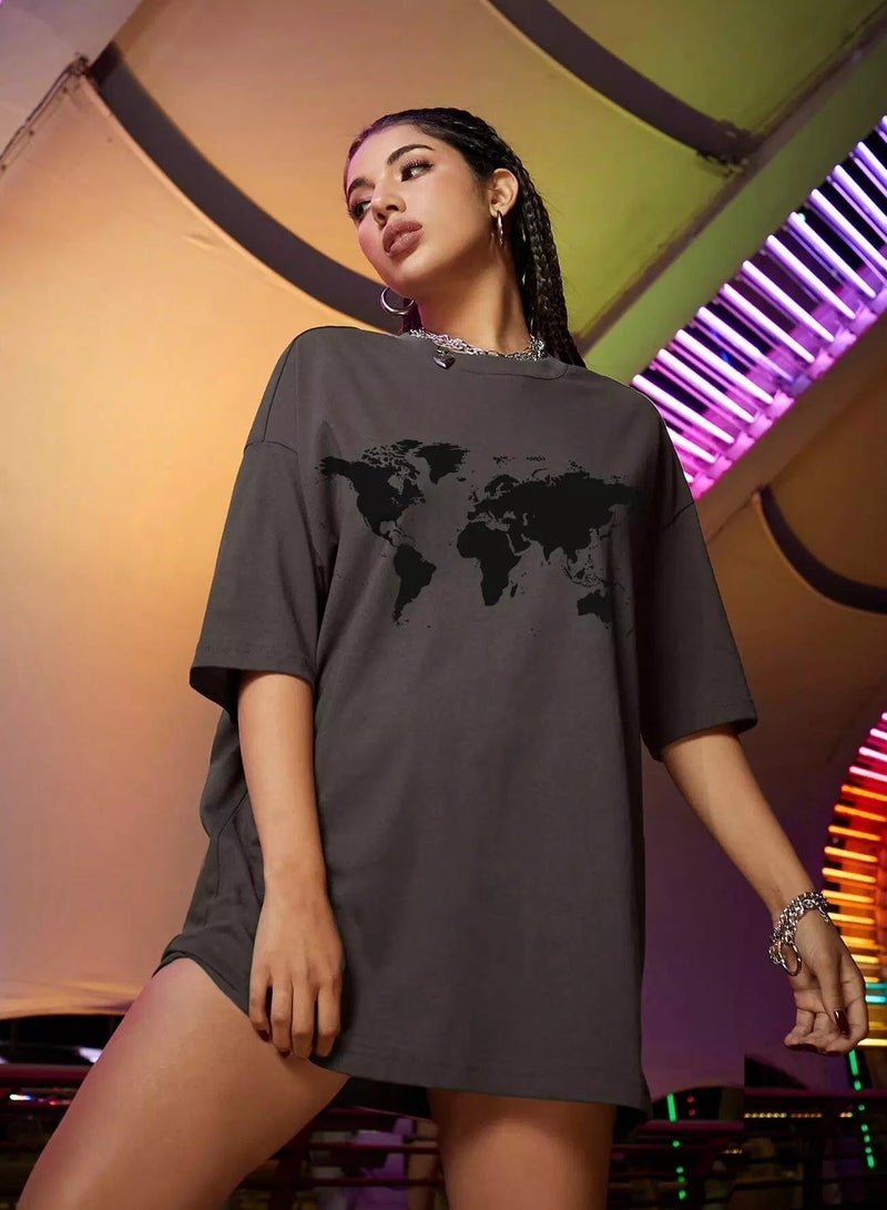 Map Print Drop Shoulder Oversized Tee  - Image 3