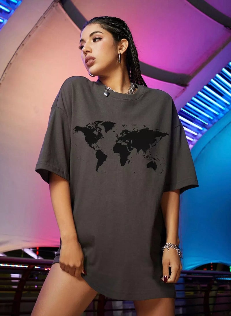 Map Print Drop Shoulder Oversized Tee  - Image 4