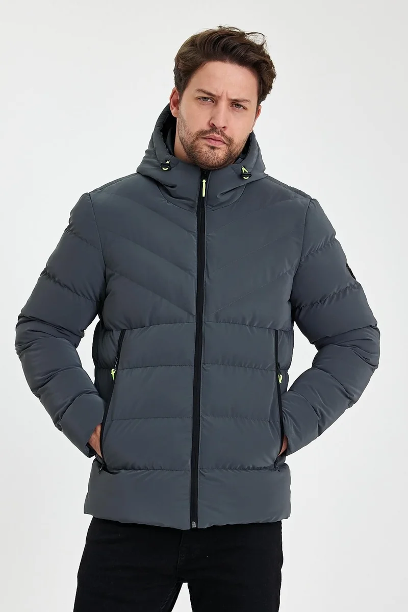 Sivaist Grey Nano Fabric Water and Windproof Hooded Thick Puffer Coat & Jacket
