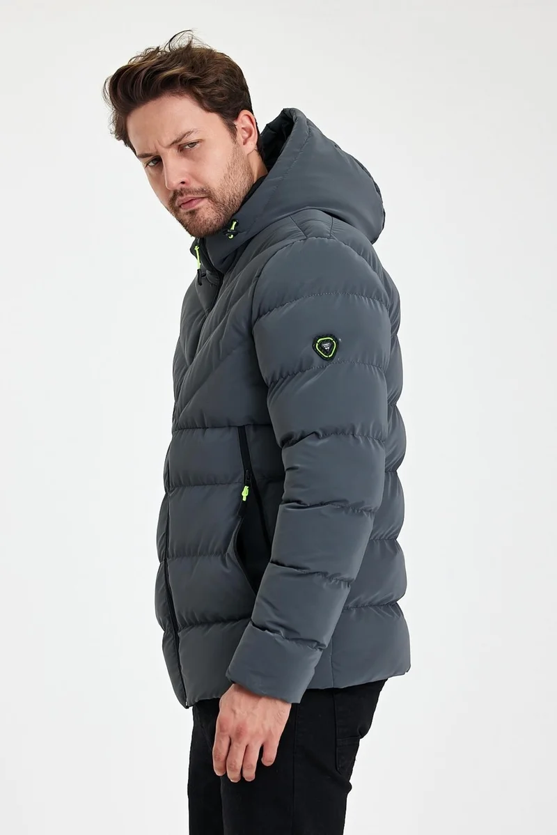 Sivaist Grey Nano Fabric Water and Windproof Hooded Thick Puffer Coat & Jacket