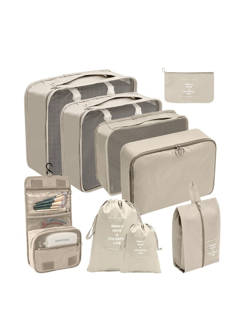 MIXDE Travel Organizer Bags Set,8-Piece Packing Cubes Set With Foldable Toiletry Bag,Portable Travel Packing Pouches For Man And Women Travel,Beige - Image 1
