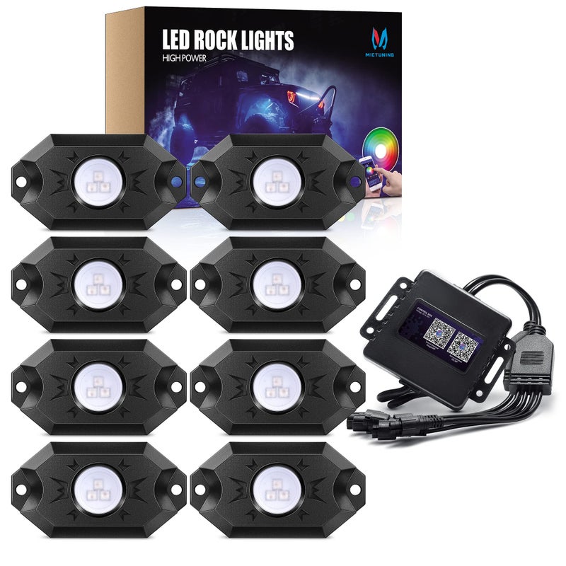 MICTUNING 2ndGen RGB LED Rock Lights with Bluetooth Controller Timing Function Music Mode 8 Pods Multicolor Neon LED Light Kit