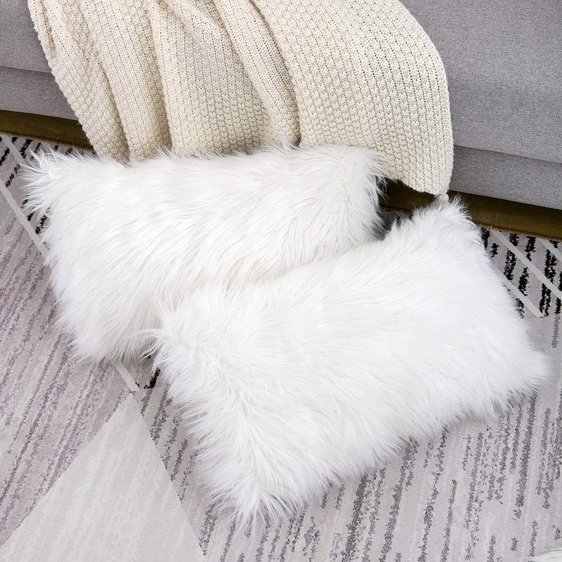 WLNUI Global trendy simple build Set of 2 White Decorative Lumbar Fluffy Pillow Covers New Luxury Series Merino Style Faux Fur Throw Pillow Covers Fuzzy Cushion Case 12x20 Inch Trendy flexible practical build - Image 3