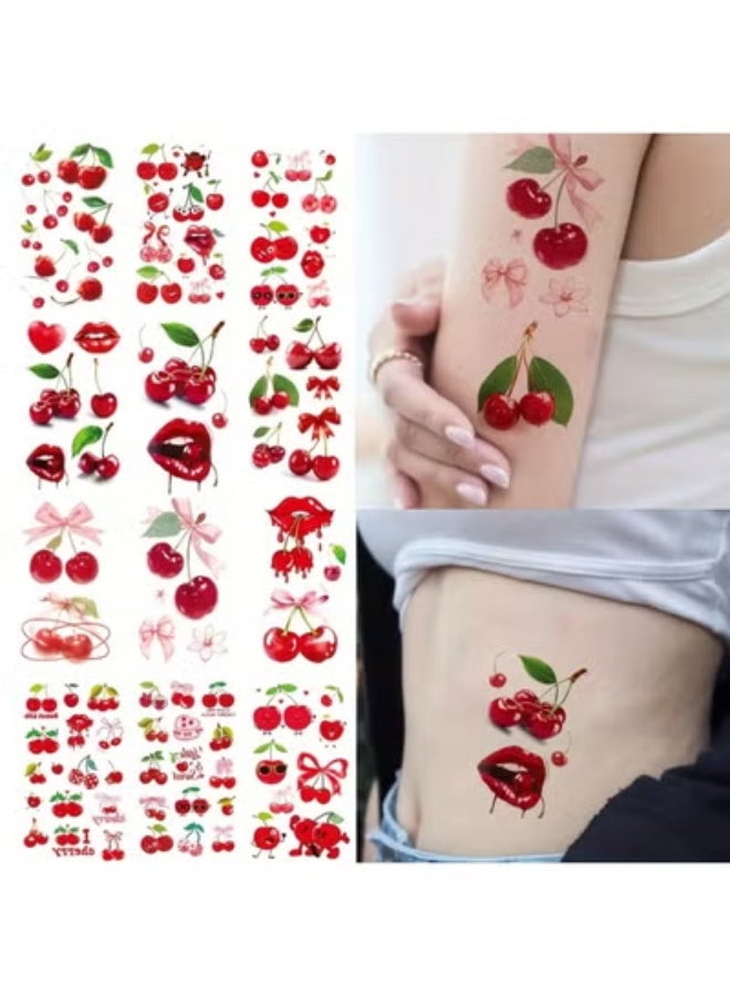 عبوة من قطعتين من تاتو مؤقت مقاوم للماء بتصميم كرز واقعي للنساء، عبارات إنجليزية أنيقة وزهور مع فيونكة وعناصر المشمش، ملصقات تاتو لاصقة سهلة الاستخدام، مثالية لمكياج مرح، الحفلات، المناسبات، والهدايا الموسمية - Image 3