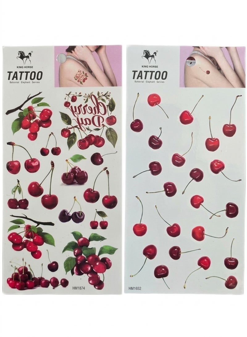 عبوة من قطعتين من تاتو مؤقت مقاوم للماء بتصميم كرز واقعي للنساء، عبارات إنجليزية أنيقة وزهور مع فيونكة وعناصر المشمش، ملصقات تاتو لاصقة سهلة الاستخدام، مثالية لمكياج مرح، الحفلات، المناسبات، والهدايا الموسمية - Image 1