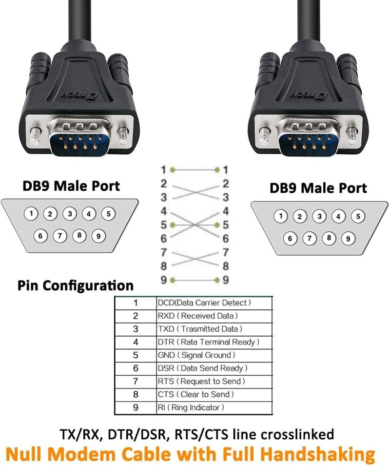 D-tech DB9 RS232 Serial Cable Male to Male Null Modem Cord Full Handshaking 7 Wire Crossover for Data Communication Compatible with Computer Network Switch Router (1.5 Feet, Black) - Image 2