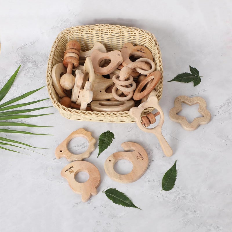 Babbles Neem Wood Teethers for Babies | Wooden Teethers for 6 to 12 Months Baby | Natural and Antibacteria (Star + Moon + Dumbbell + Micky) - Image 4