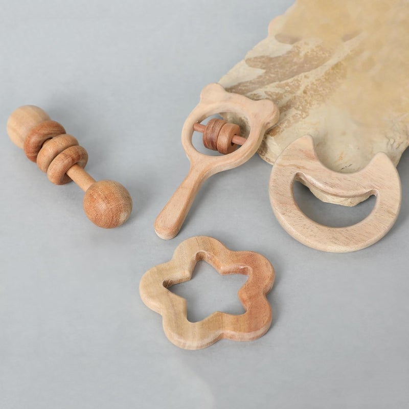 Babbles Neem Wood Teethers for Babies | Wooden Teethers for 6 to 12 Months Baby | Natural and Antibacteria (Star + Moon + Dumbbell + Micky) - Image 1