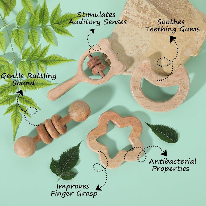Babbles Neem Wood Teethers for Babies | Wooden Teethers for 6 to 12 Months Baby | Natural and Antibacteria (Star + Moon + Dumbbell + Micky) - Image 2