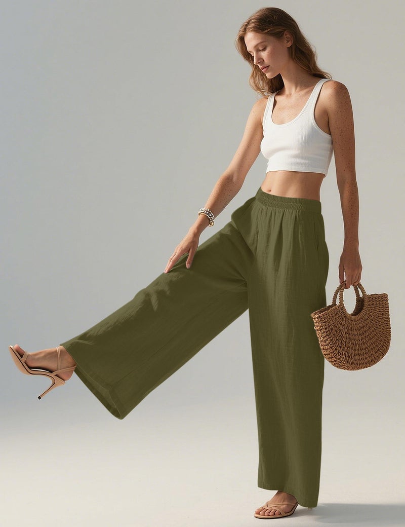 LOMON Palazzo Pants for Women Casual Wide Leg Linen Summer Flowy Pants Beach Vacation Clothes Boho Lightweight Trousers with Pockets (Army Green, L) - Image 5