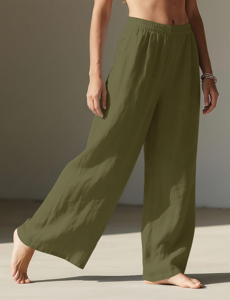 LOMON Palazzo Pants for Women Casual Wide Leg Linen Summer Flowy Pants Beach Vacation Clothes Boho Lightweight Trousers with Pockets (Army Green, L) - Image 3