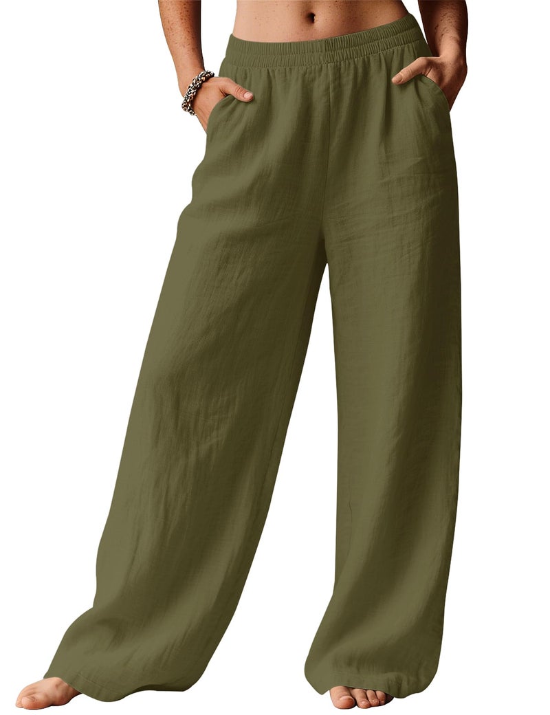 LOMON Palazzo Pants for Women Casual Wide Leg Linen Summer Flowy Pants Beach Vacation Clothes Boho Lightweight Trousers with Pockets (Army Green, L) - Image 2