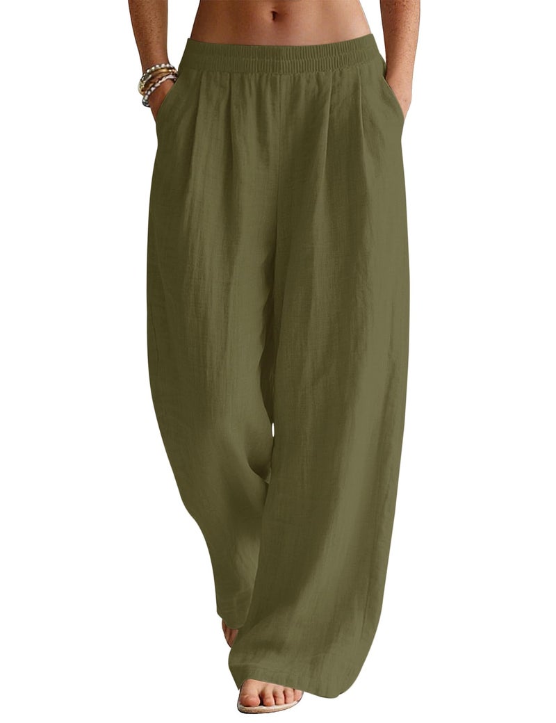 LOMON Palazzo Pants for Women Casual Wide Leg Linen Summer Flowy Pants Beach Vacation Clothes Boho Lightweight Trousers with Pockets (Army Green, L) - Image 1