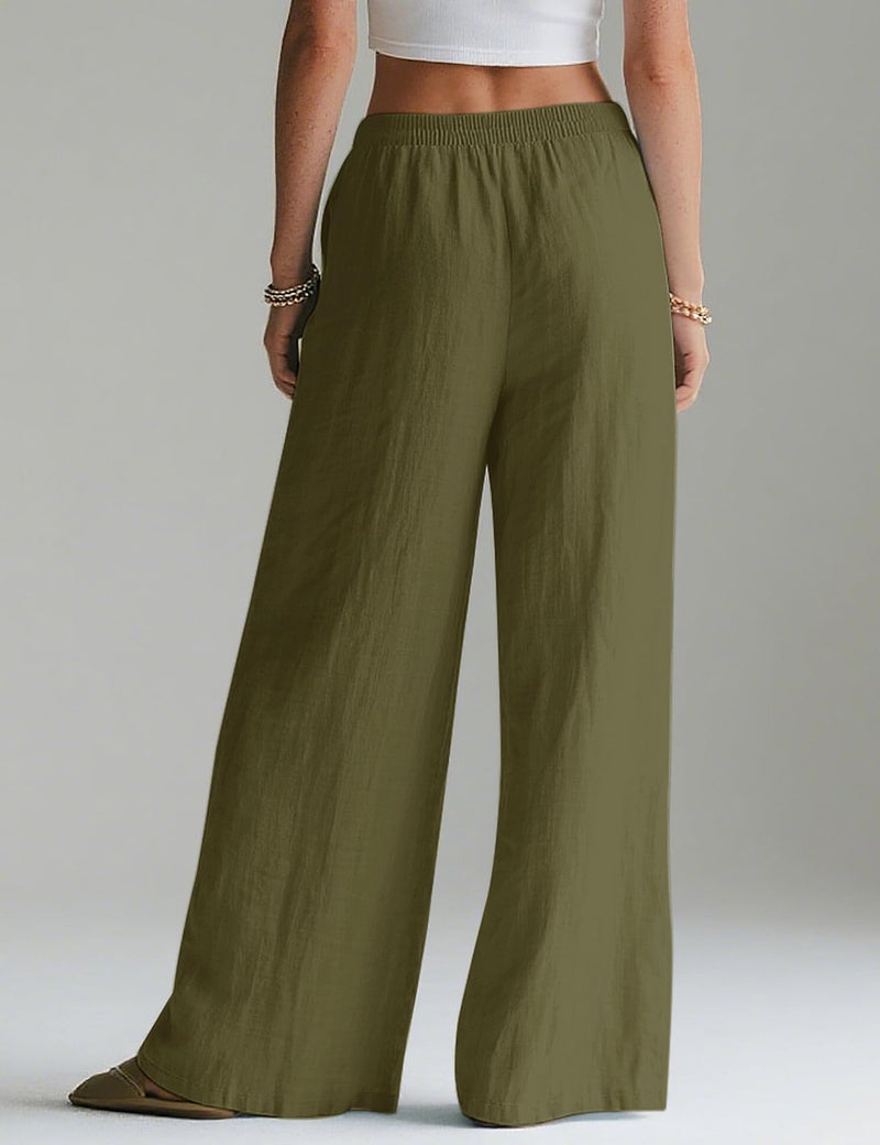 LOMON Palazzo Pants for Women Casual Wide Leg Linen Summer Flowy Pants Beach Vacation Clothes Boho Lightweight Trousers with Pockets (Army Green, L) - Image 4