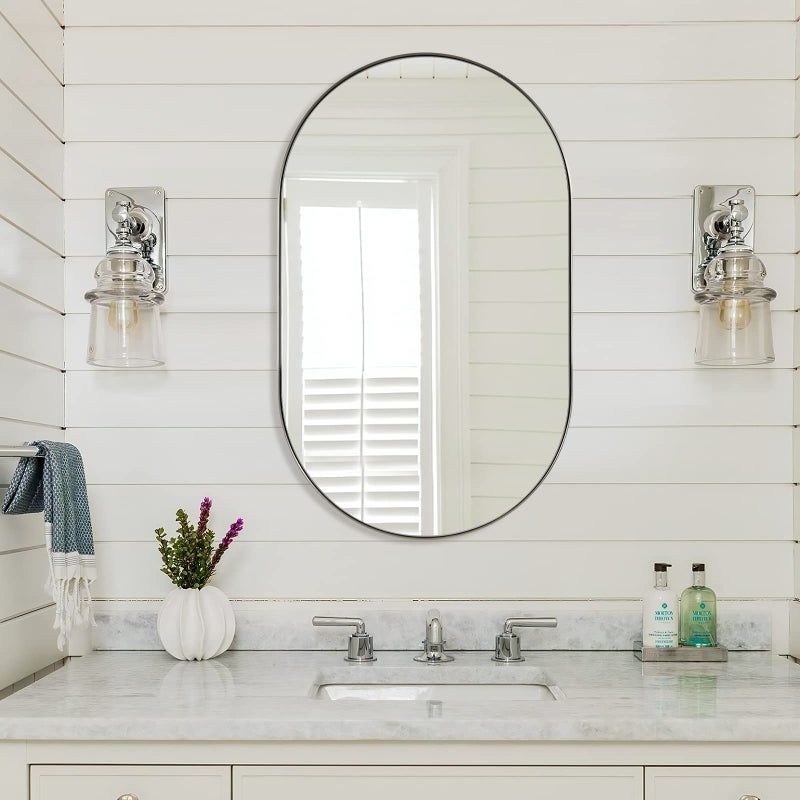 ANDY STAR Brushed Nickel Bathroom Mirror 20x33 Oval Silver Wall Mirror HD Reflection Metal Frame for Bathroom Hang Vertical or Horizontal