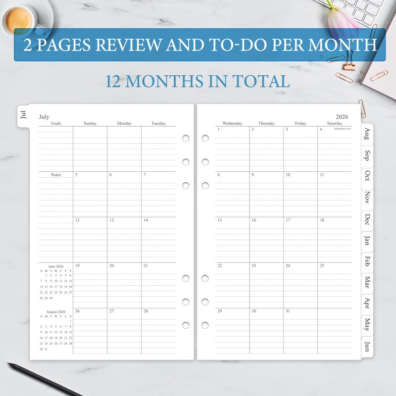 Homlive 2026-2027 Weekly & Monthly Planner Refill, A5 Medium Planner Inserts for 6 Holes, 5.5"x8.5", July 2026 - June 2027, 12 Monthly Calendars with Laminated Tabs, 6-Hole Punched - Image 4