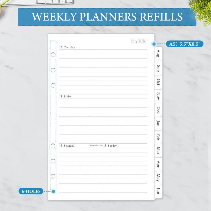 Homlive 2026-2027 Weekly & Monthly Planner Refill, A5 Medium Planner Inserts for 6 Holes, 5.5"x8.5", July 2026 - June 2027, 12 Monthly Calendars with Laminated Tabs, 6-Hole Punched - Image 2