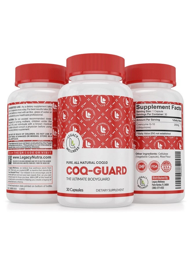LegacyNutra Legacy Wellness CoQ-GUARD CoQ10 200mg - Natural High Potency CoQ10 Supplement for Energy, Heart, Antioxidant & Cellular Support - High Potency Co Q 10 Ubiquinone for Overall Wellness - Non-GMO 30 Caps - Image 1