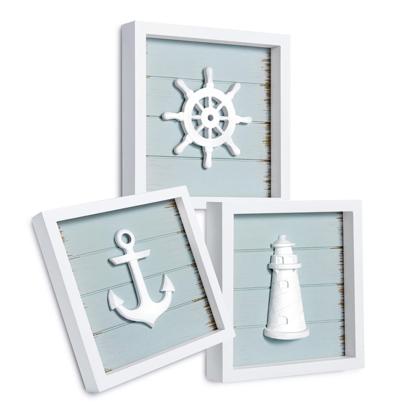 Tide and Tales TideAndTales 3D Nautical Wall Decor 7x7 Coastal Theme Home Decorations with Anchor Lighthouse and Ship Wheel Rustic Ocean Inspired Bathroom Decor  Nautical Gifts  Framed Set of 3 