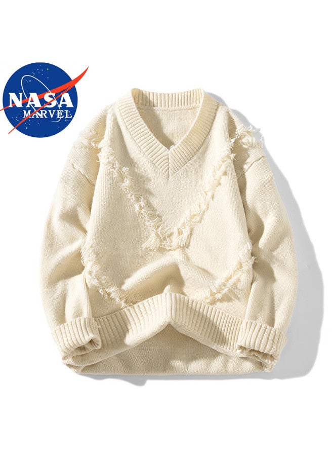 Nasa Marvel Men's Sweater Autumn Winter Loose Casual V-neck Long Sleeve Warm Knitwear Apricot 2XL - Image 1