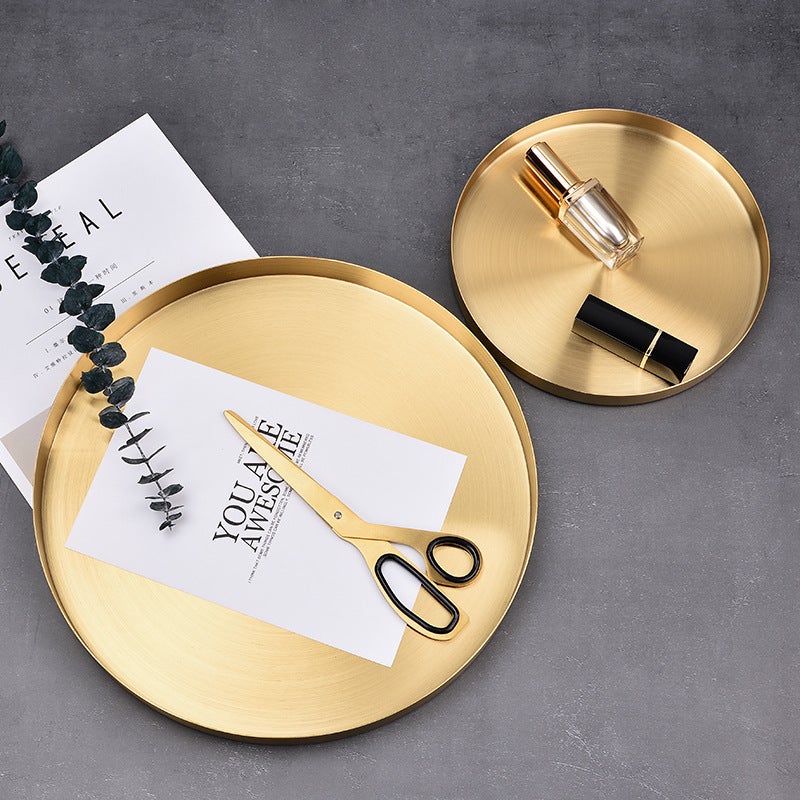 Ins Style Stainless Steel Metal Brass Storage Tray Household Round Tea Tray Dinner Tray Nordic Creative Key Tray - Image 2