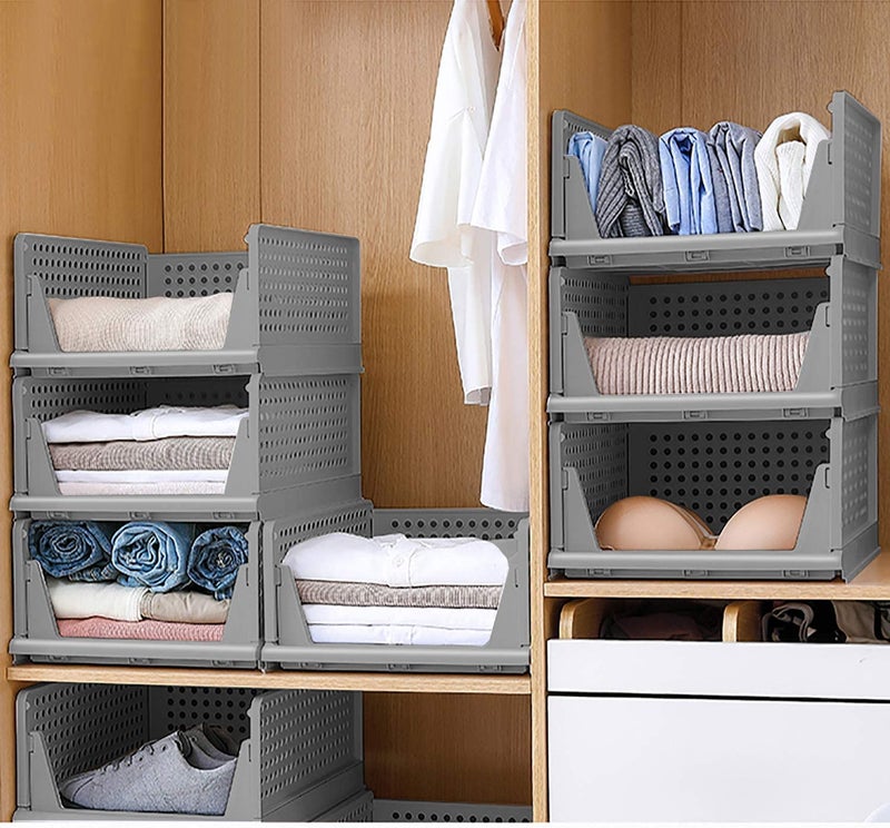 JEYANG Folding Wardrobe Organizer Plastic Stackable Clothe Closet Self Storage Container, Rectangular Cupboard for Kitchen, Home and Bathroom (Pack of 6 (Large Grey)) - Image 4