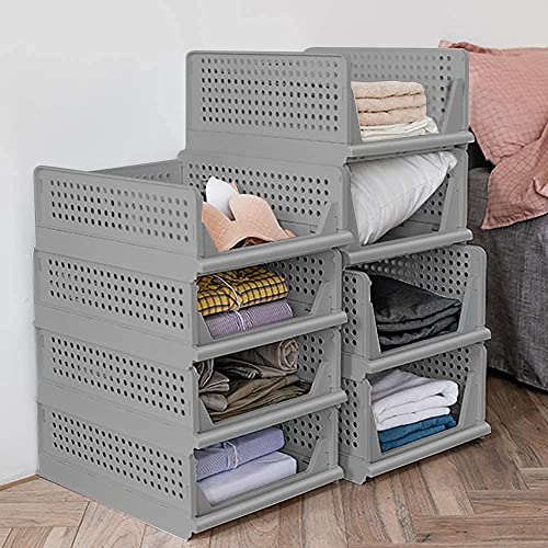 JEYANG Folding Wardrobe Organizer Plastic Stackable Clothe Closet Self Storage Container, Rectangular Cupboard for Kitchen, Home and Bathroom (Pack of 6 (Large Grey)) - Image 1