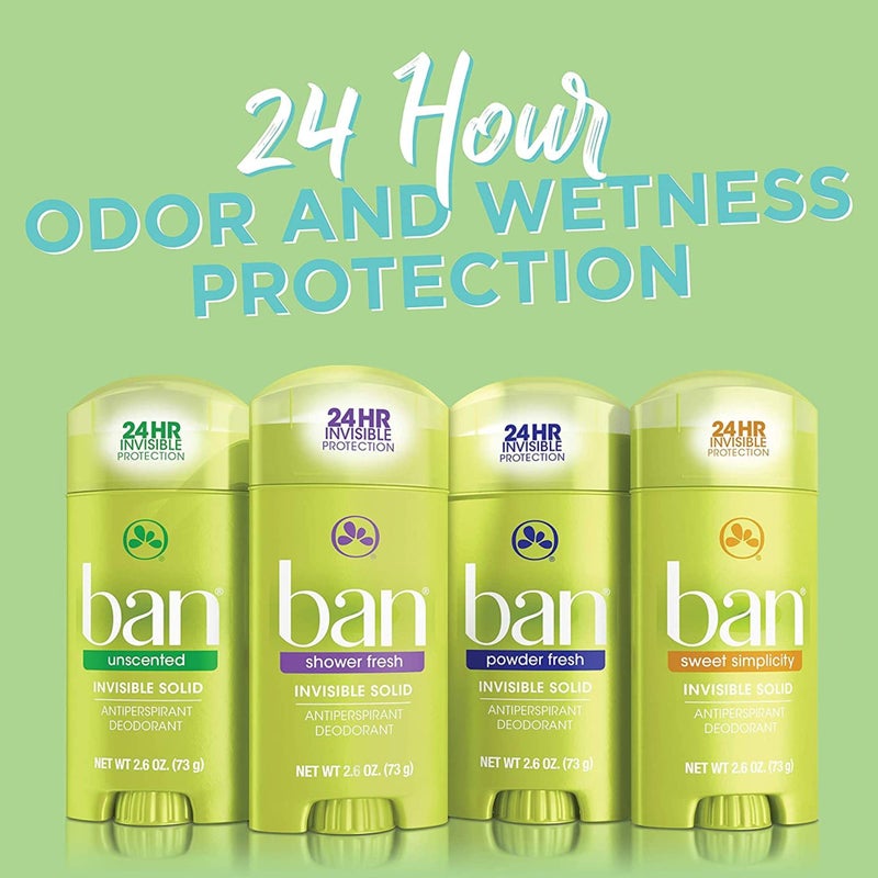 Ban Invisible Solid Antiperspirant Deodorant for Women and Men, 24-Hour Underarm Odor & Sweat Protection, Unscented, 2.6 Oz, Pack of 4 - Image 5