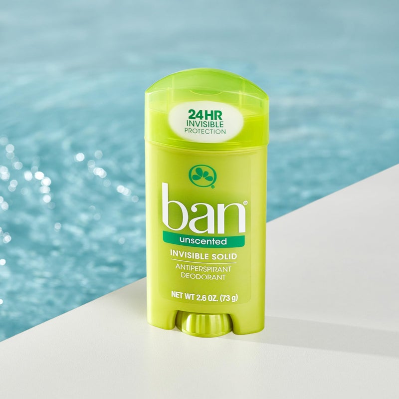 Ban Invisible Solid Antiperspirant Deodorant for Women and Men, 24-Hour Underarm Odor & Sweat Protection, Unscented, 2.6 Oz, Pack of 4 - Image 3