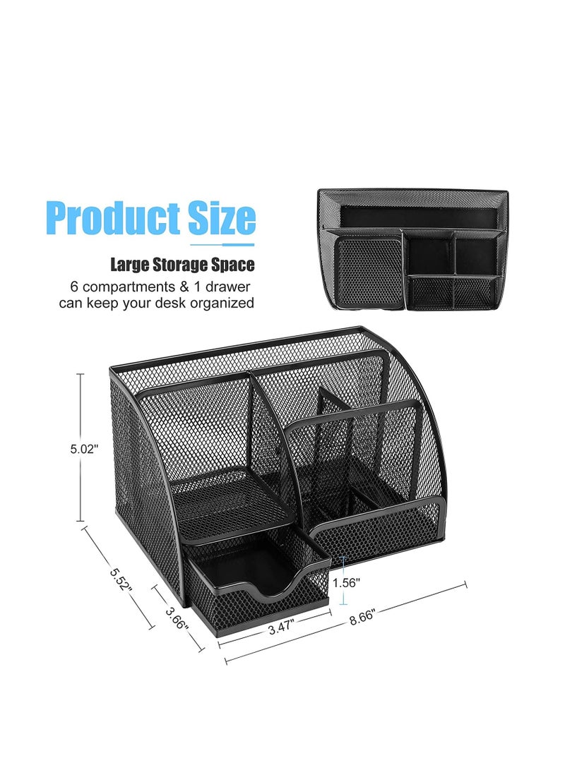 MARKQ منظم مكتب، حاملة أقلام متعددة الوظائف بشبكة مع 6 أقسام ودرج واحد، حاملة أدوات مكتبية سوداء للمنزل، لوازم المكتب، المدرسة، الفصل الدراسي، ورشة العمل - Image 2