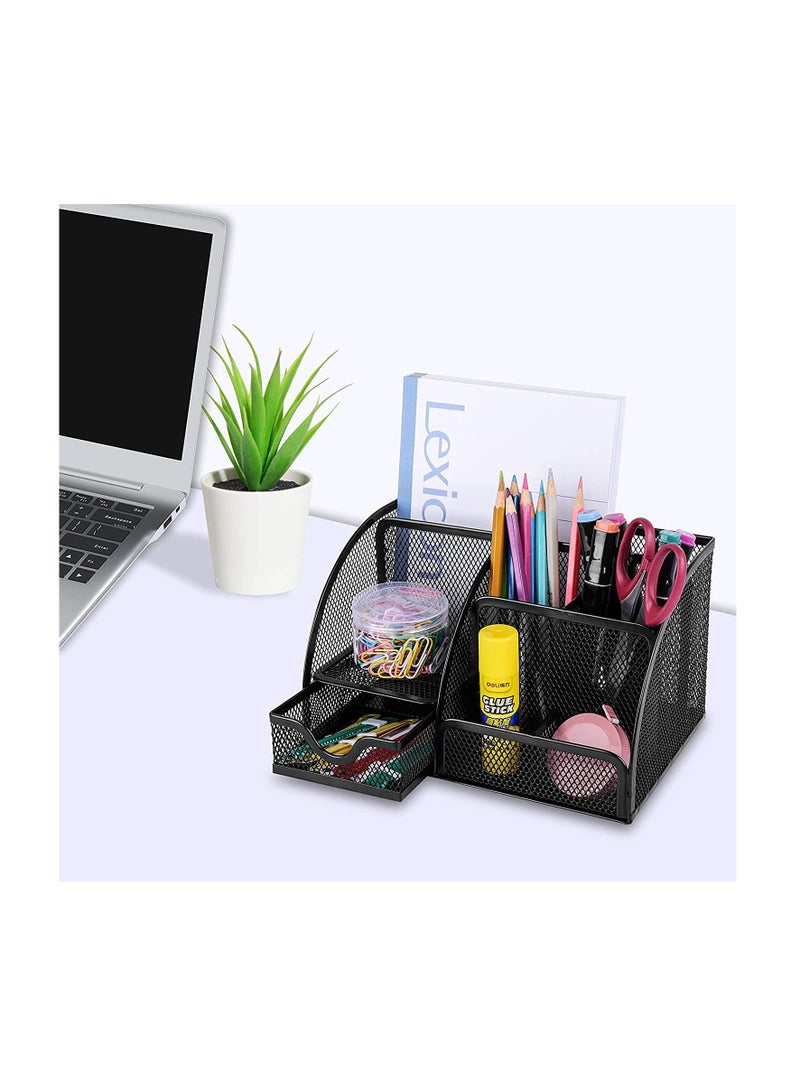 MARKQ منظم مكتب، حاملة أقلام متعددة الوظائف بشبكة مع 6 أقسام ودرج واحد، حاملة أدوات مكتبية سوداء للمنزل، لوازم المكتب، المدرسة، الفصل الدراسي، ورشة العمل - Image 5