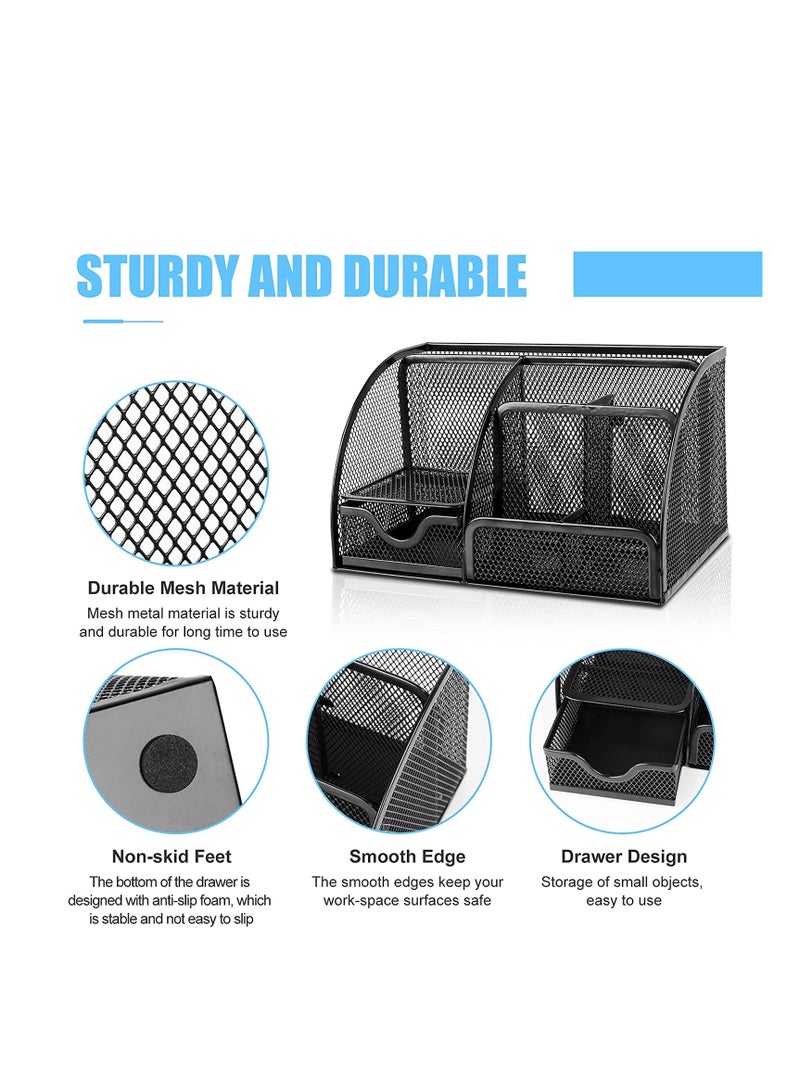 MARKQ منظم مكتب، حاملة أقلام متعددة الوظائف بشبكة مع 6 أقسام ودرج واحد، حاملة أدوات مكتبية سوداء للمنزل، لوازم المكتب، المدرسة، الفصل الدراسي، ورشة العمل - Image 3