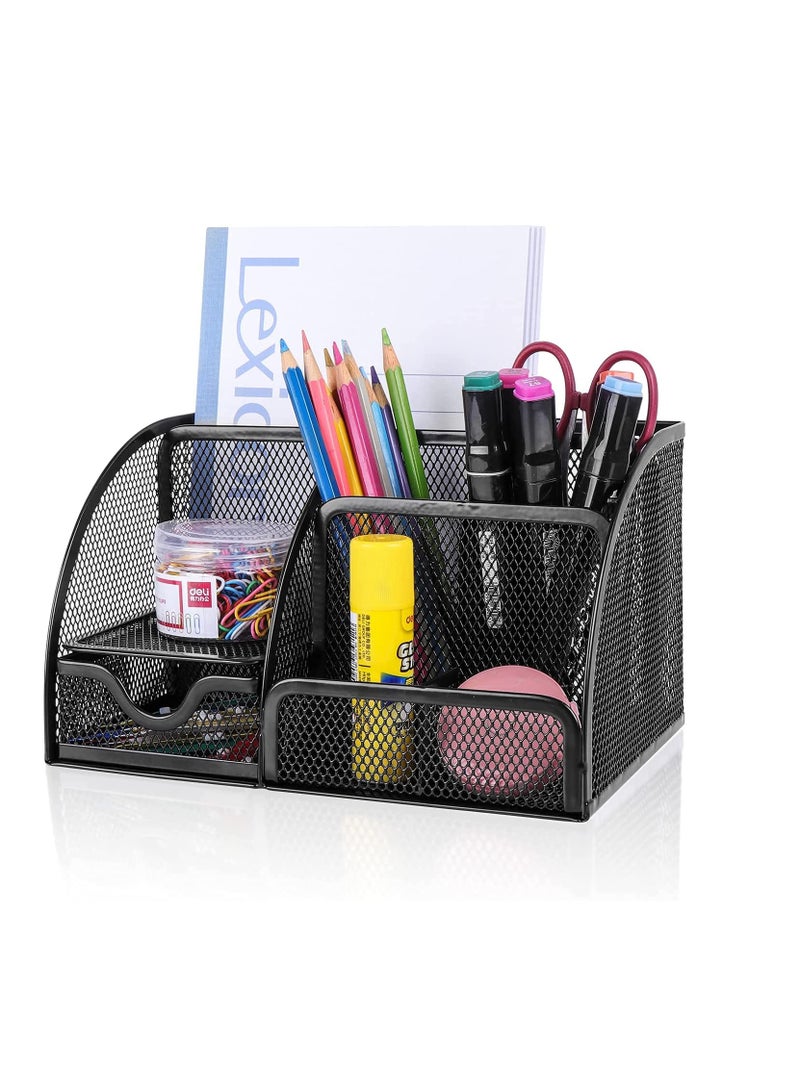 MARKQ منظم مكتب، حاملة أقلام متعددة الوظائف بشبكة مع 6 أقسام ودرج واحد، حاملة أدوات مكتبية سوداء للمنزل، لوازم المكتب، المدرسة، الفصل الدراسي، ورشة العمل - Image 1