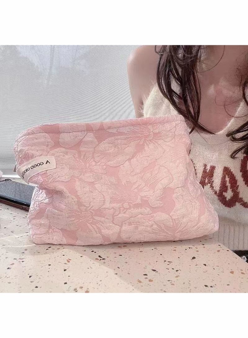 A GOGO ORIGINAL Makeup Bag Cosmetic bag Preppy Canvas Toiletry Bag for women Cute zipper pouch Organizer Travel accessories (Pink Big Flowers) - Image 3