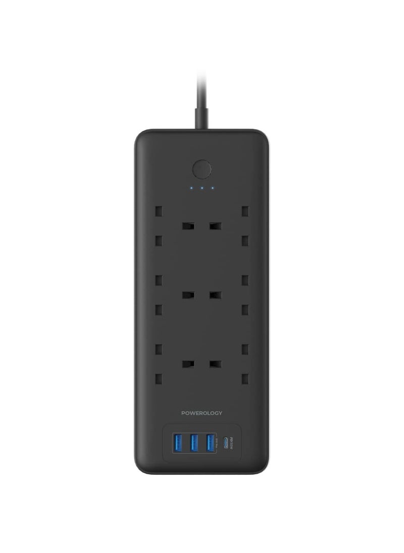 Powerology - 6 AC Multi-Port Power Strip 3250W /USB-C PD30W PD / USB-A QC 18W / Fast Charging Phones / Wide Compatibility / Long Cable 3m Power Socket  - Black - Image 1