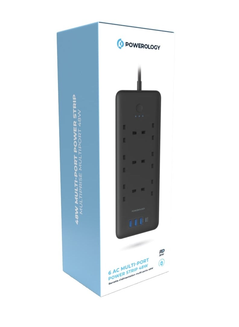 Powerology - 6 AC Multi-Port Power Strip 3250W /USB-C PD30W PD / USB-A QC 18W / Fast Charging Phones / Wide Compatibility / Long Cable 3m Power Socket  - Black - Image 1