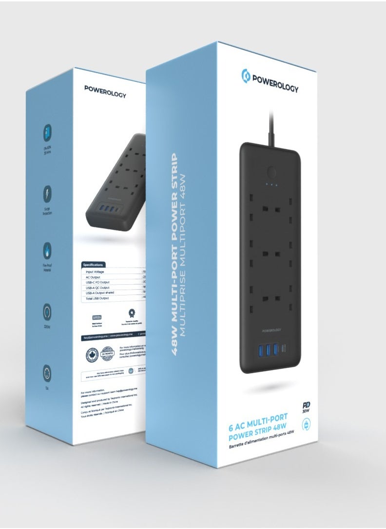 Powerology - 6 AC Multi-Port Power Strip 3250W /USB-C PD30W PD / USB-A QC 18W / Fast Charging Phones / Wide Compatibility / Long Cable 3m Power Socket  - Black - Image 1