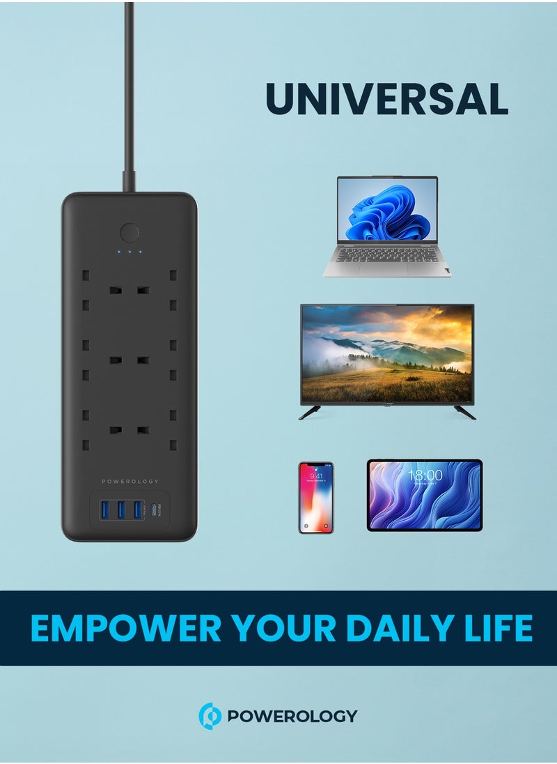 Powerology - 6 AC Multi-Port Power Strip 3250W /USB-C PD30W PD / USB-A QC 18W / Fast Charging Phones / Wide Compatibility / Long Cable 3m Power Socket  - Black - Image 1