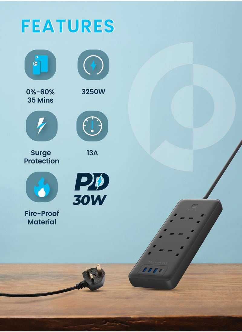 Powerology - 6 AC Multi-Port Power Strip 3250W /USB-C PD30W PD / USB-A QC 18W / Fast Charging Phones / Wide Compatibility / Long Cable 3m Power Socket  - Black - Image 1
