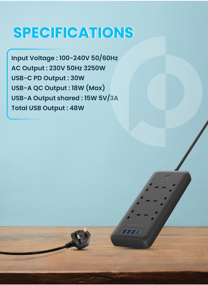 Powerology - 6 AC Multi-Port Power Strip 3250W /USB-C PD30W PD / USB-A QC 18W / Fast Charging Phones / Wide Compatibility / Long Cable 3m Power Socket  - Black - Image 1