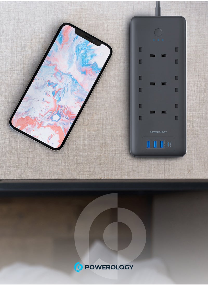 Powerology - 6 AC Multi-Port Power Strip 3250W /USB-C PD30W PD / USB-A QC 18W / Fast Charging Phones / Wide Compatibility / Long Cable 3m Power Socket  - Black - Image 1